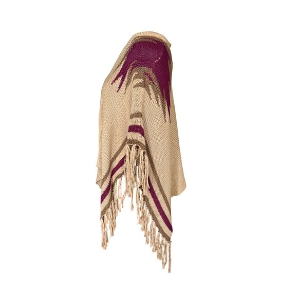 Beige Knit Fringe Poncho With Wooden Button Closure & Burgundy Stripes By Lovely - Picture 3 of 7